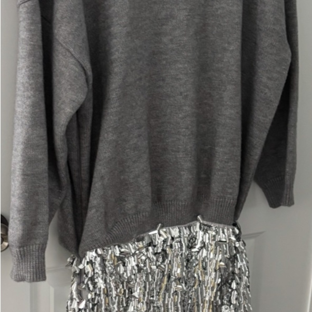 NWT Anthropologie Glamorous Gray Sweater Dress with  Silver Sequin Midi  Skirt - Picture 3 of 10